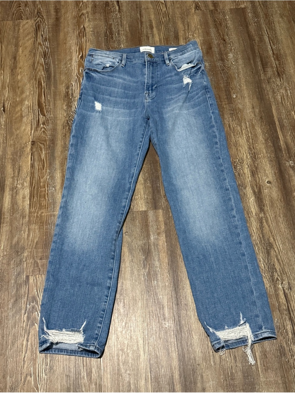 Frame Le High Straight Jeans Women's 29 Distressed Ankle in Laskey Rips Wash Den